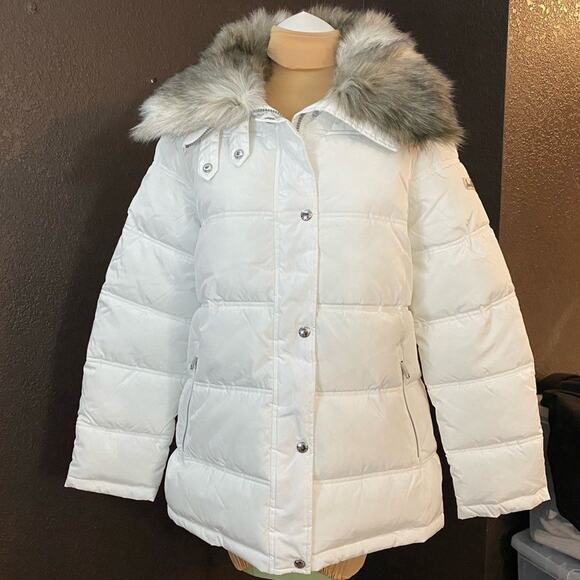 Sam EDELMAN Cream Water Repellent Puffer‎ Coat with zip off Faux Fur Collar - Picture 2 of 13